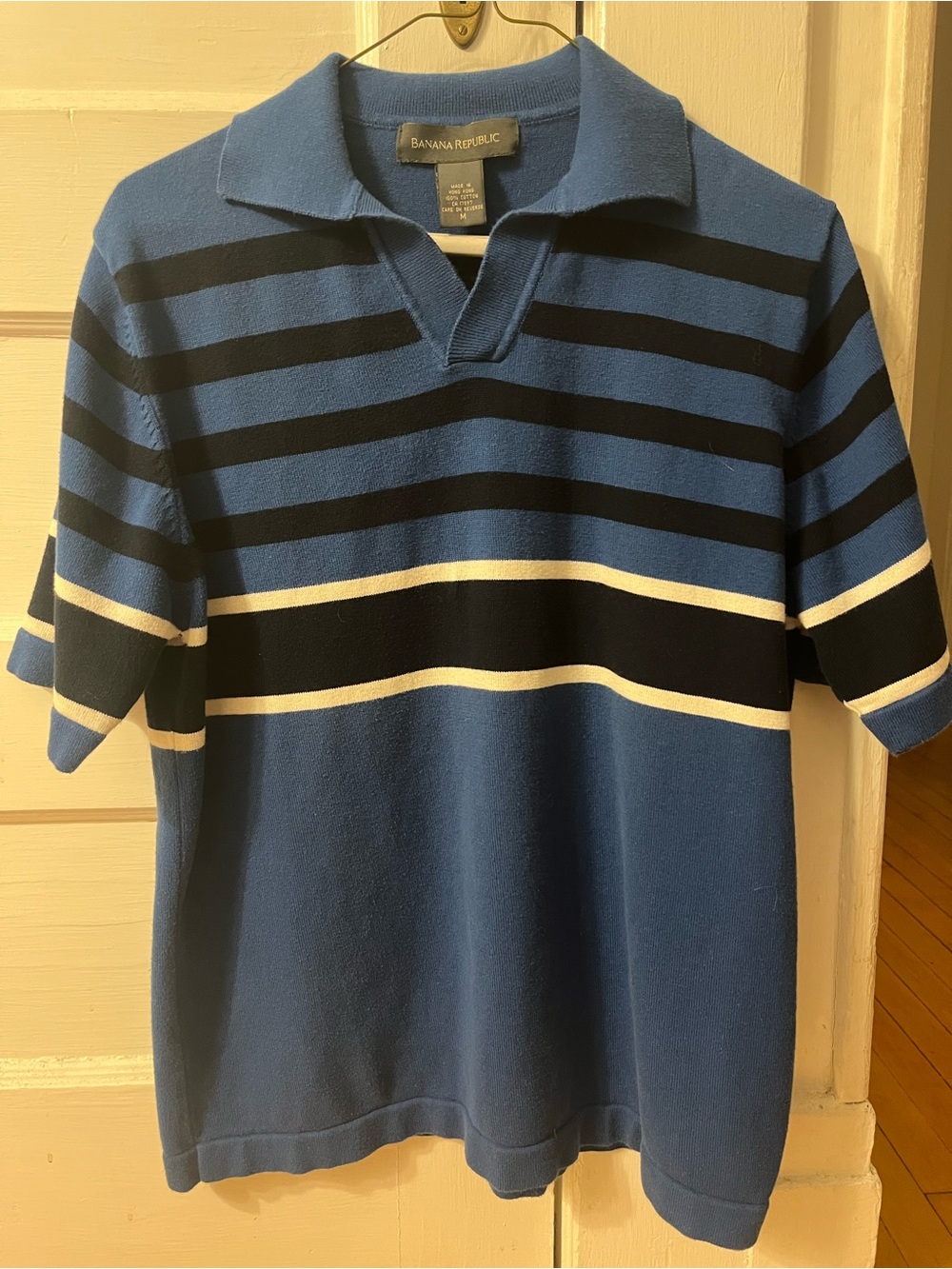 Vintage Banana Republic Blue and Black Striped Polo Shirt | Medium